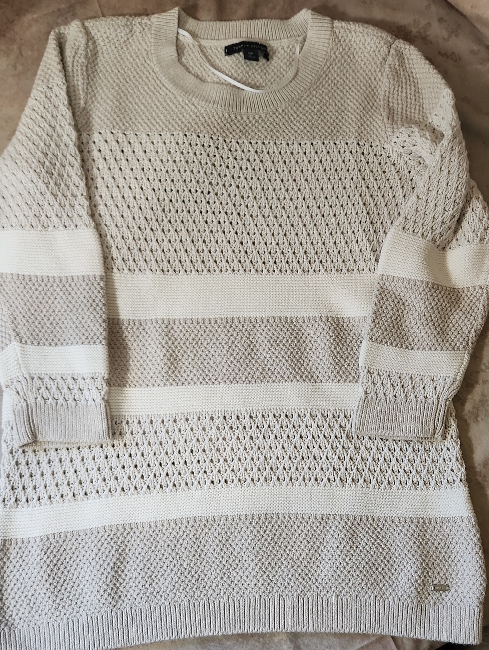 Light Cream Striped Open-Knit Women’s Sweater